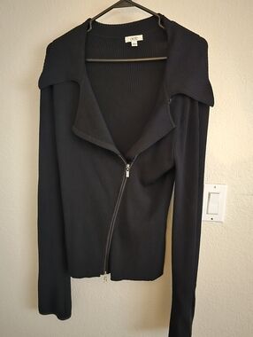 Cache Womens Black Ribbed Zip-Front Women's Moto Sweater Sz L